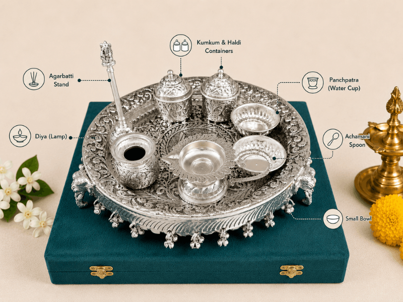 What does a silver pooja thali set contain?